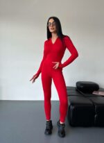 Женский Облегающий Красный Комбинезон на Молнии