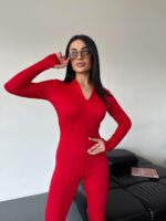 Женский Облегающий Красный Комбинезон на Молнии