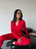 Женский Облегающий Красный Комбинезон на Молнии