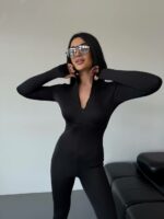Женский Облегающий Черный Комбинезон на Молнии