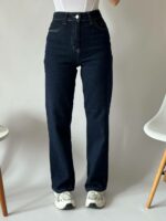 Женские Темно-Синие Джинсы Трубы Прямого Кроя с Высокой Посадкой