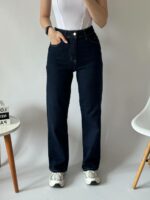 Женские Темно-Синие Джинсы Трубы Прямого Кроя с Высокой Посадкой