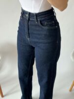 Женские Темно-Синие Джинсы Трубы Прямого Кроя с Высокой Посадкой