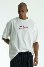 Мужская Хлопковая Белая Футболка Оверсайз с Вышитой Арабской Надписью