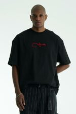 Мужская Хлопковая Черная Футболка Оверсайз с Вышитой Арабской Надписью