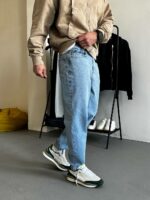 Мужские Свободные Голубые Джинсы Мом Батал