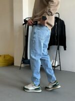 Мужские Свободные Голубые Джинсы Мом Батал