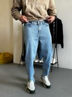 Мужские Свободные Голубые Джинсы Мом Батал