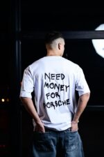 Мужская Белая Футболка Оверсайз Хлопок с Принтом “Need Money For Porsche" на Спине