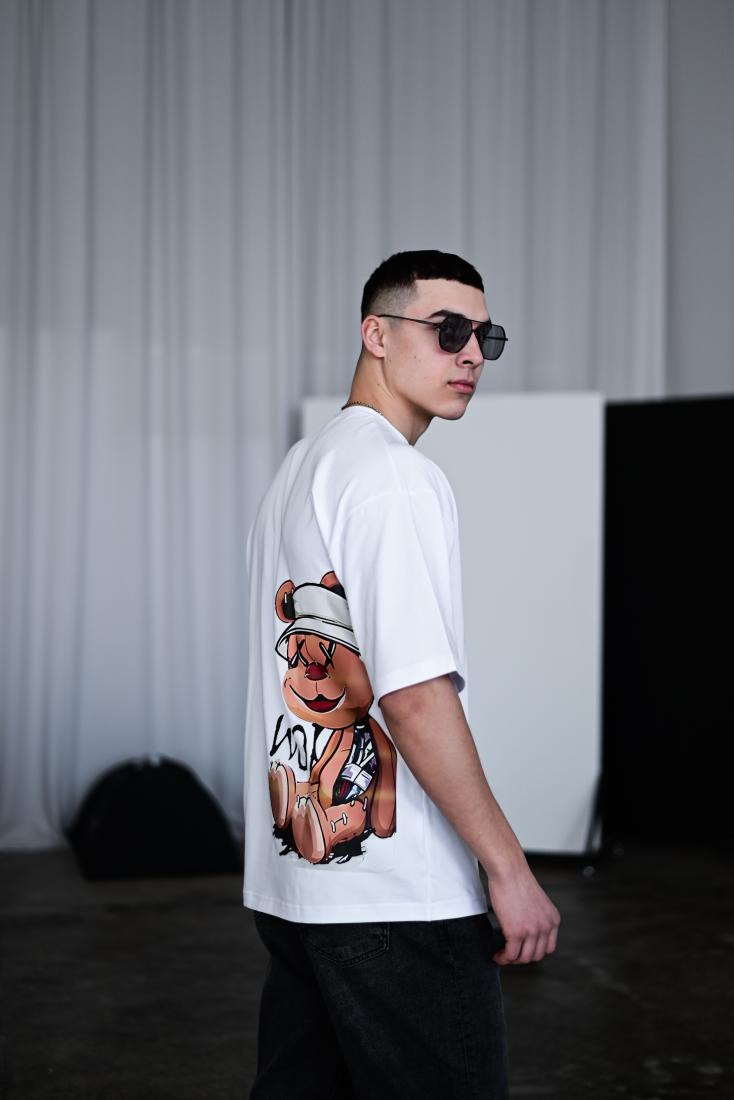 photo_2026-04-04_13-59-12 Мужская Белая Футболка Оверсайз Хлопок с Принтом Мишка на Спине