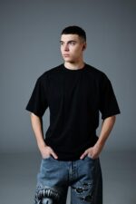 Мужская Черная Футболка Оверсайз Хлопок с Принтом Солнечная Система на Спине