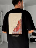 Мужская Черная Футболка «NOT ALL WOUNDS ARE VISIBLE» - Хлопковая Оверсайз с Бархатным Принтом и Вышивкой