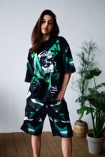 Женский Свободный Черный Летний Костюм Футболка Шорты в Принт