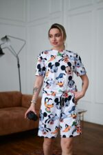 Женский Свободный Белый Летний Костюм Футболка Шорты в Принт