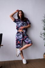 Женский Принтованный Черный Летний Костюм Футболка Шорты Свободного Кроя