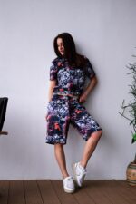 Женский Принтованный Черный Летний Костюм Футболка Шорты Свободного Кроя