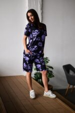 Женский Свободный Фиолетовый Летний Костюм Футболка Шорты в Принт Черепа