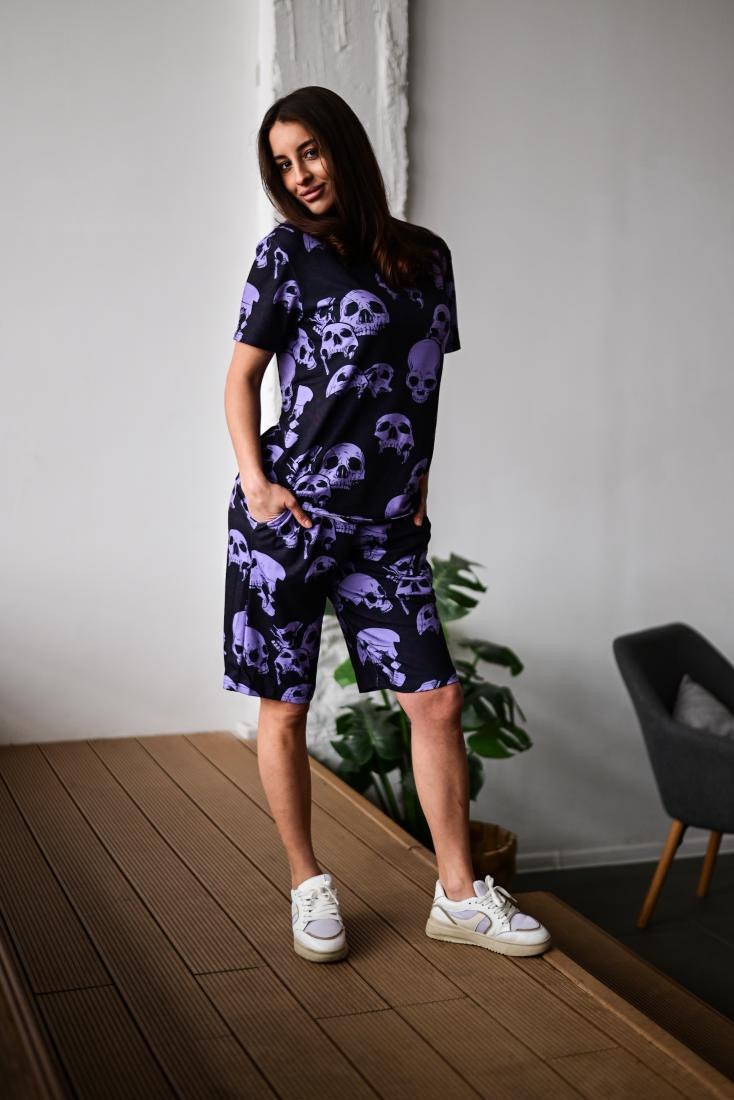 photo_2026-04-05_10-26-24 Женский Свободный Фиолетовый Летний Костюм Футболка Шорты в Принт Черепа