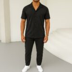 Мужской Черный Костюм в Рубчик - Рубашка с Коротким Рукавом + Брюки