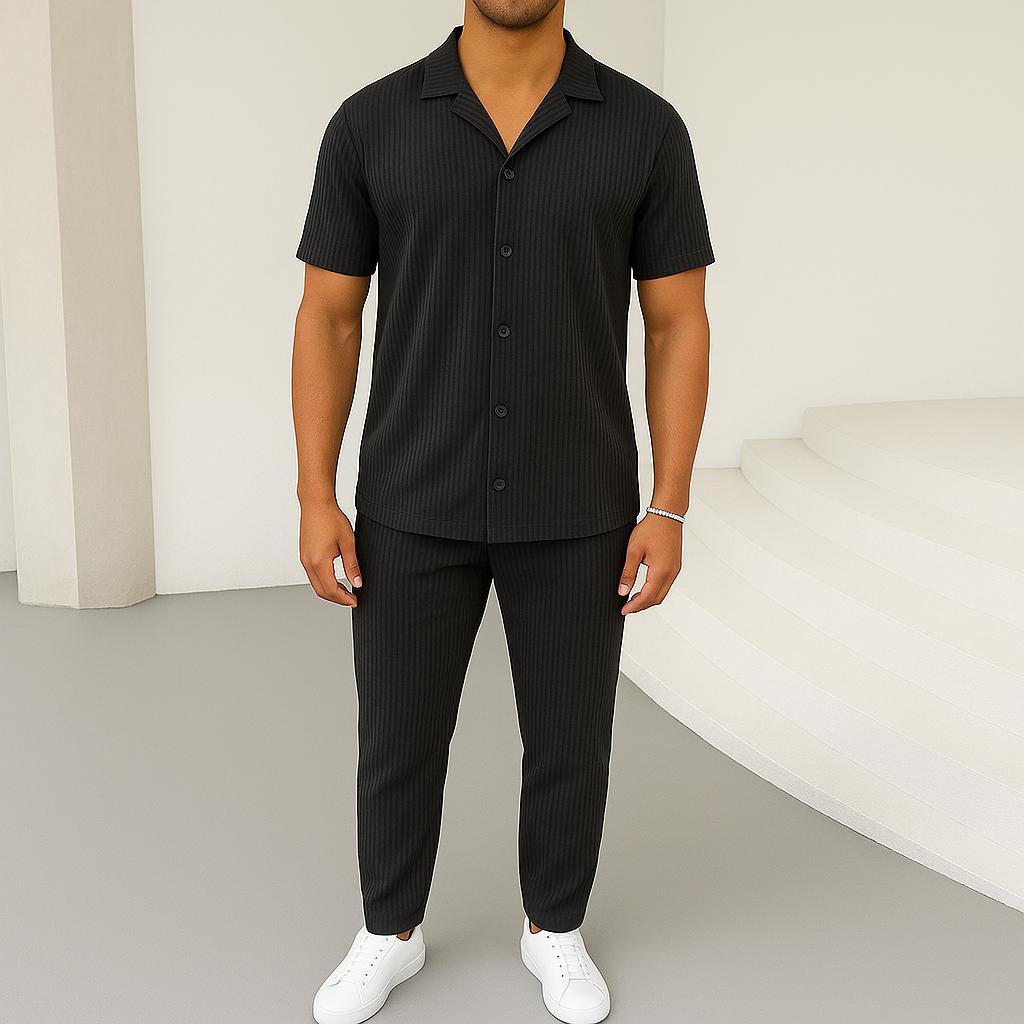 photo_2026-04-05_10-58-05 Мужской Черный Костюм в Рубчик - Рубашка с Коротким Рукавом + Брюки