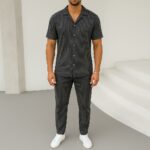 Мужской Графитовый Костюм в Рубчик - Рубашка с Коротким Рукавом + Брюки