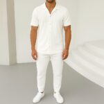 Мужской Белый Костюм в Рубчик - Рубашка с Коротким Рукавом + Брюки