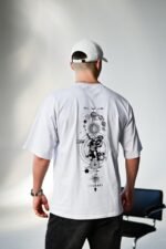 Мужская Белая Футболка Оверсайз Хлопок с Принтом Солнечная Система на Спине