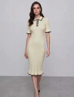 Женское Трикотажное Желтое Платье Поло Миди с Окантовкой