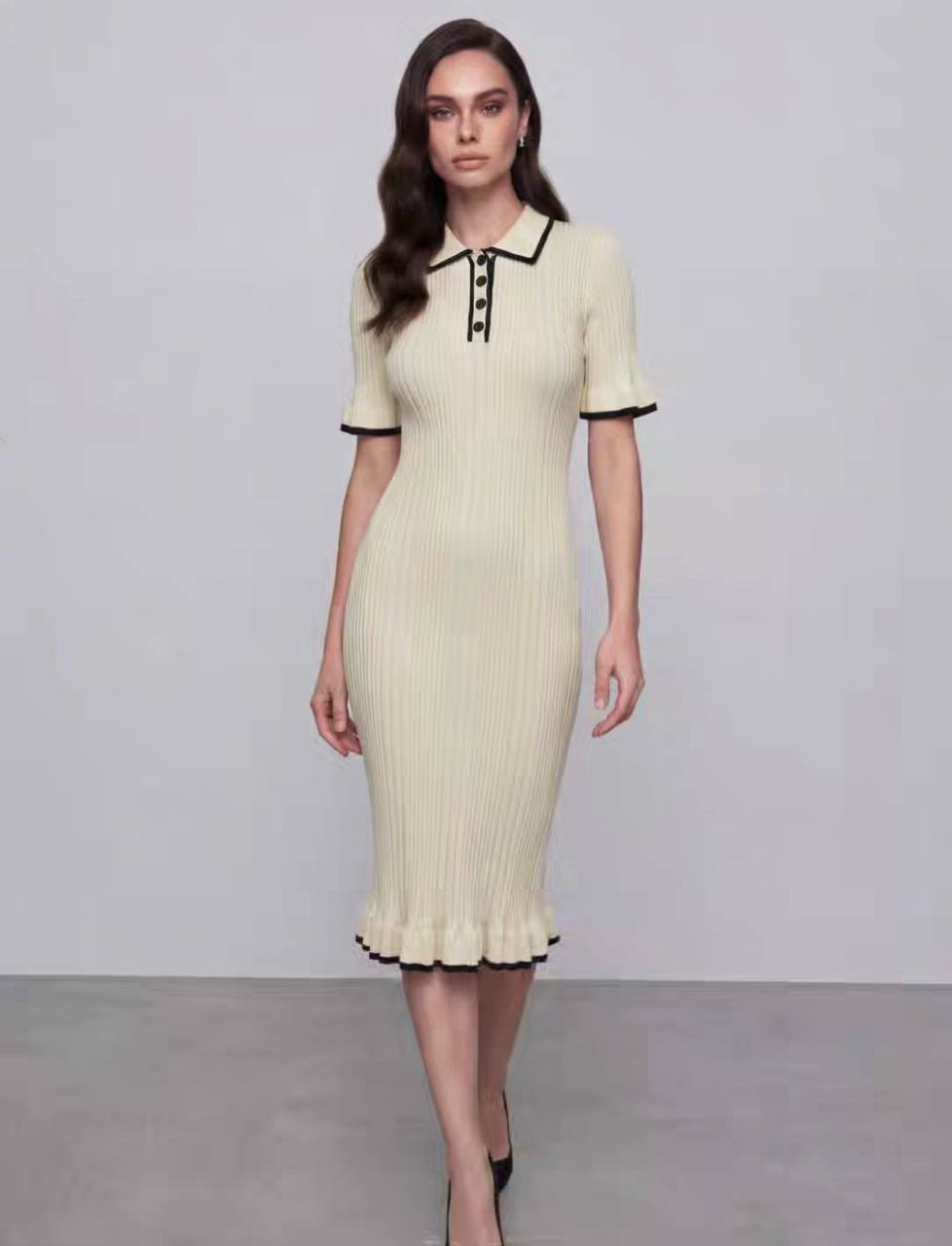 photo_2026-04-06_08-36-55 Женское Трикотажное Желтое Платье Поло Миди с Окантовкой