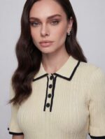 Женское Трикотажное Желтое Платье Поло Миди с Окантовкой