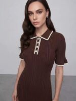 Женское Трикотажное Коричневое Платье Поло Миди с Окантовкой