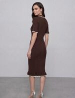 Женское Трикотажное Коричневое Платье Поло Миди с Окантовкой
