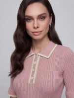 Женское Трикотажное Розовое Платье Поло Миди с Окантовкой