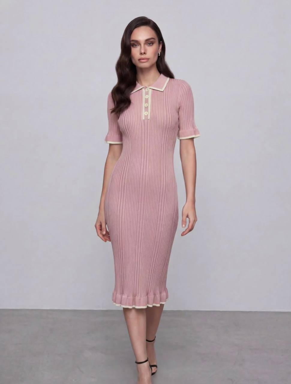 photo_2026-04-06_08-37-00 Женское Трикотажное Розовое Платье Поло Миди с Окантовкой