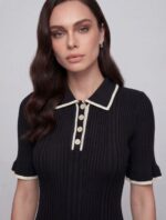 Женское Трикотажное Черное Платье Поло Миди с Окантовкой