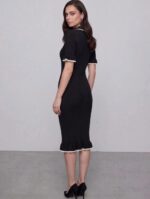 Женское Трикотажное Черное Платье Поло Миди с Окантовкой