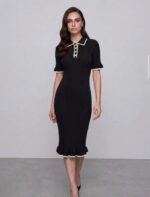 Женское Трикотажное Черное Платье Поло Миди с Окантовкой