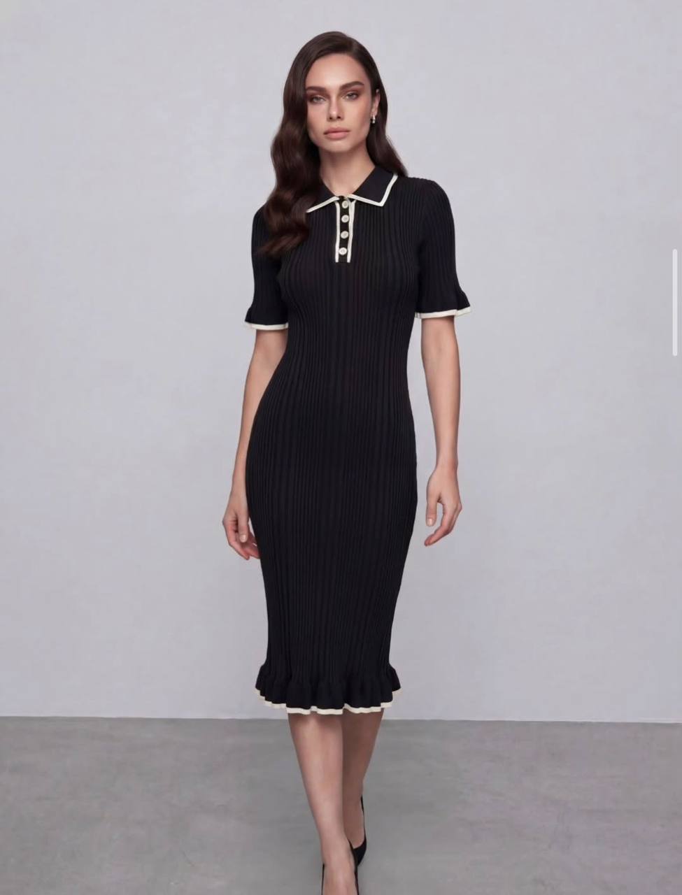 photo_2026-04-06_08-37-02 Женское Трикотажное Черное Платье Поло Миди с Окантовкой