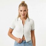 Женская Белая Зип Футболка Поло - Классическая на Молнии с Окантовкой