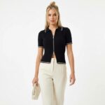 Женская Черная Зип Футболка Поло - Классическая на Молнии с Окантовкой