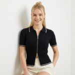Женская Черная Зип Футболка Поло - Классическая на Молнии с Окантовкой