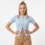 Женская Голубая Зип Футболка Поло - Классическая на Молнии с Окантовкой