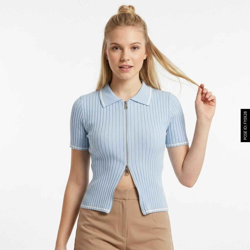 photo_2026-04-07_08-43-52 Женская Голубая Зип Футболка Поло - Классическая на Молнии с Окантовкой