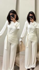 Женский Легкий Белый Костюм - Кофта с Завязкой + Свободные Штаны