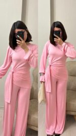 Женский Легкий Розовый Костюм - Кофта с Завязкой + Свободные Штаны