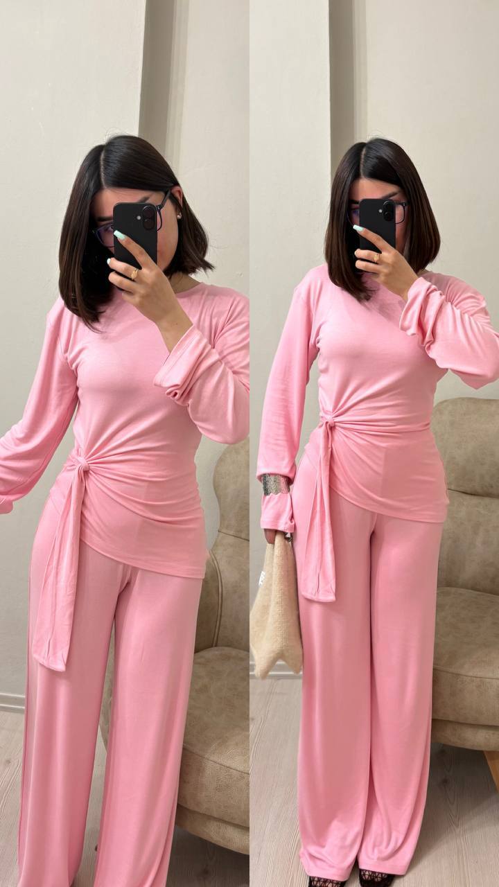 photo_2026-04-07_09-22-38 (2) Женский Легкий Розовый Костюм - Кофта с Завязкой + Свободные Штаны