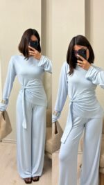 Женский Легкий Голубой Костюм - Кофта с Завязкой + Свободные Штаны