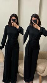 Женский Легкий Черный Костюм - Кофта с Завязкой + Свободные Штаны