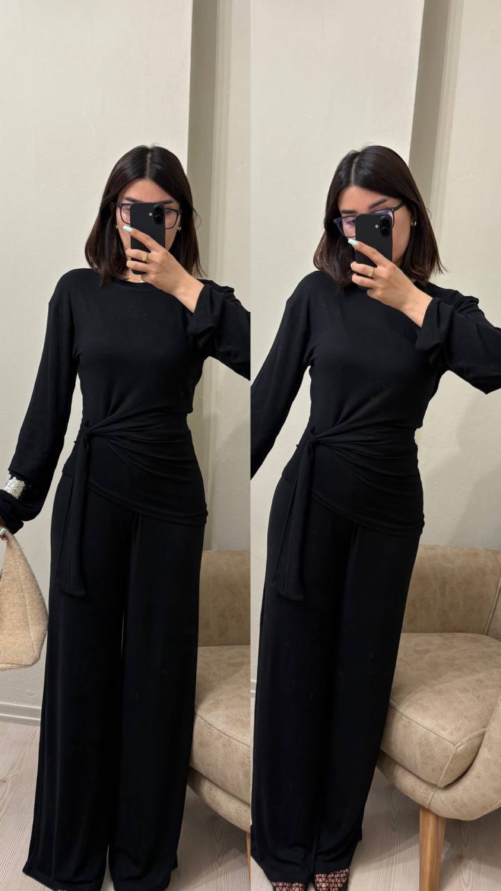 photo_2026-04-07_09-22-39 (2) Женский Легкий Черный Костюм - Кофта с Завязкой + Свободные Штаны