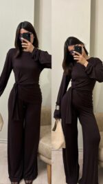 Женский Легкий Коричневый Костюм - Кофта с Завязкой + Свободные Штаны